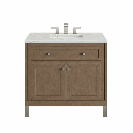 JAMES MARTIN VANITIES Chicago 36in Single Vanity, Whitewashed Walnut w/ 3 CM Ethereal Noctis Quartz Top 305-V36-WWW-3ENC